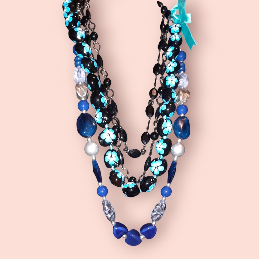 Lot of 3 bead long necklaces black blue grey flower paint nut hawaii lei ribbon